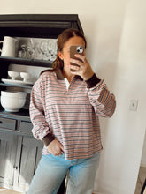 Load image into Gallery viewer, Quarter-Button Striped Collared Long Sleeve Top