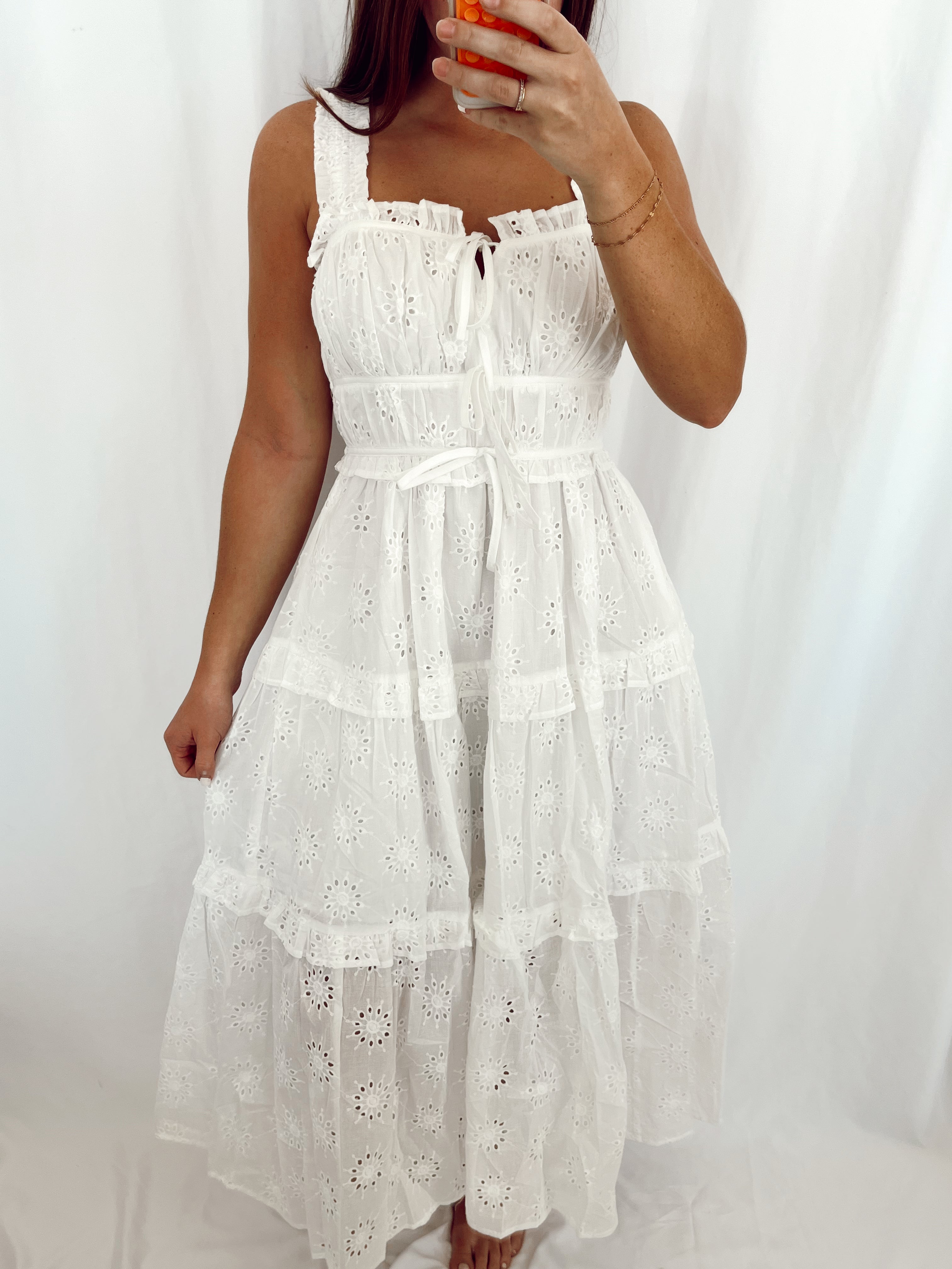 eyelet midi dress white Eyelet Lace Tiered Midi Dress Large