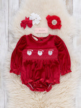 Load image into Gallery viewer, Ruby Santa Smocked Velvet Bubble Romper