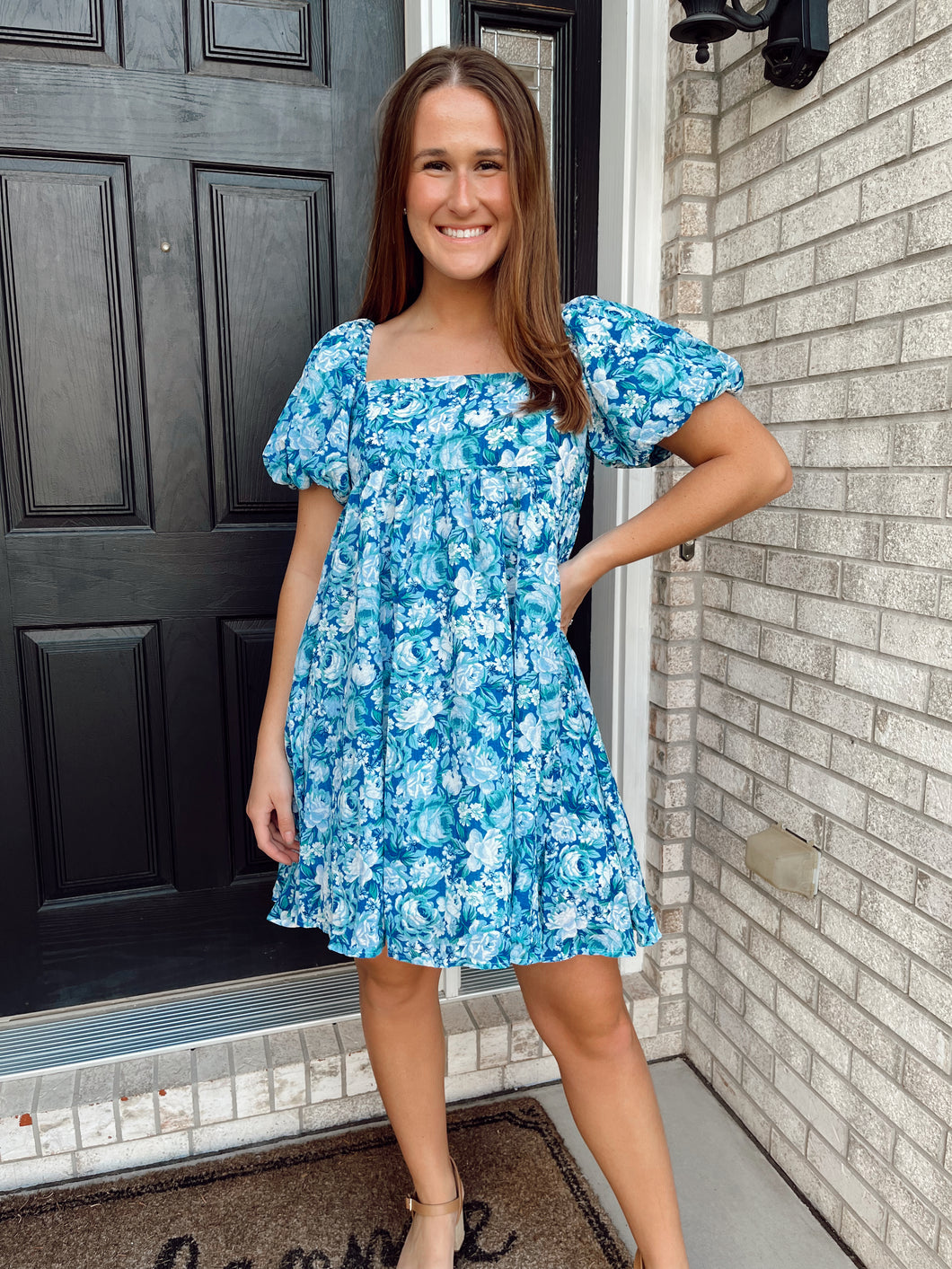 Blue Floral Puff Sleeve Dress