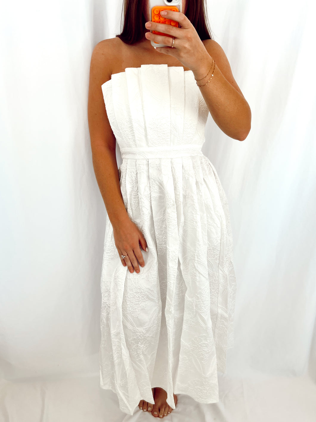 White Strapless Pleated Midi Dress