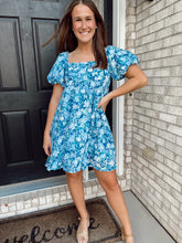 Load image into Gallery viewer, Blue Floral Puff Sleeve Dress
