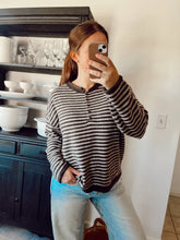 Load image into Gallery viewer, BUTTON HENLEY STRIPE LONG SLEEVE DROP SHOULDER SWEATER
