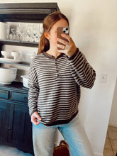 Load image into Gallery viewer, BUTTON HENLEY STRIPE LONG SLEEVE DROP SHOULDER SWEATER
