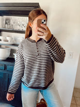 Load image into Gallery viewer, BUTTON HENLEY STRIPE LONG SLEEVE DROP SHOULDER SWEATER
