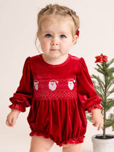 Load image into Gallery viewer, Ruby Santa Smocked Velvet Bubble Romper
